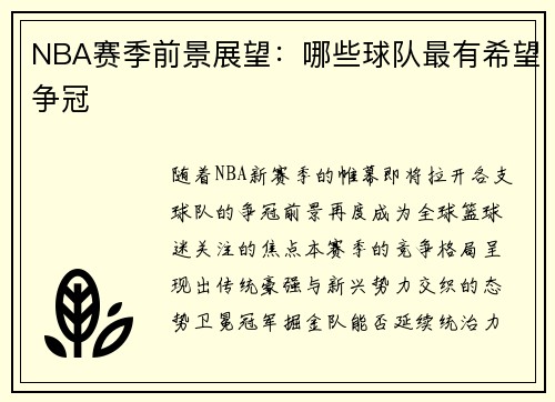NBA赛季前景展望：哪些球队最有希望争冠